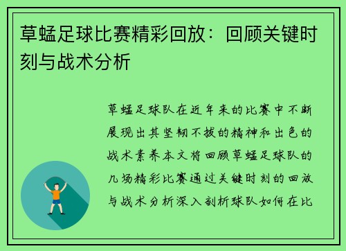 草蜢足球比赛精彩回放：回顾关键时刻与战术分析