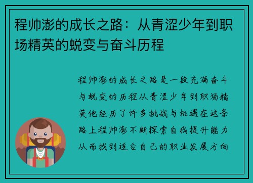 程帅澎的成长之路：从青涩少年到职场精英的蜕变与奋斗历程