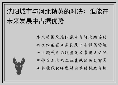 沈阳城市与河北精英的对决：谁能在未来发展中占据优势