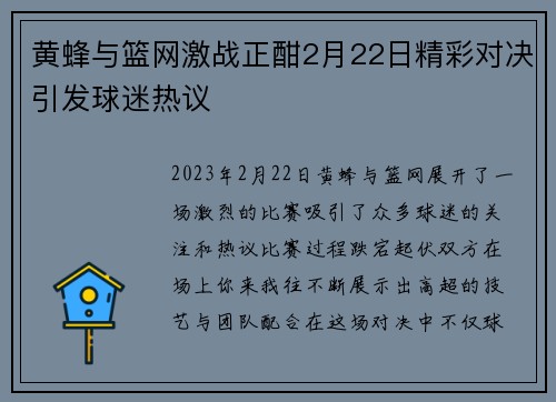 黄蜂与篮网激战正酣2月22日精彩对决引发球迷热议