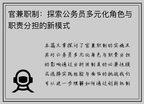官兼职制：探索公务员多元化角色与职责分担的新模式